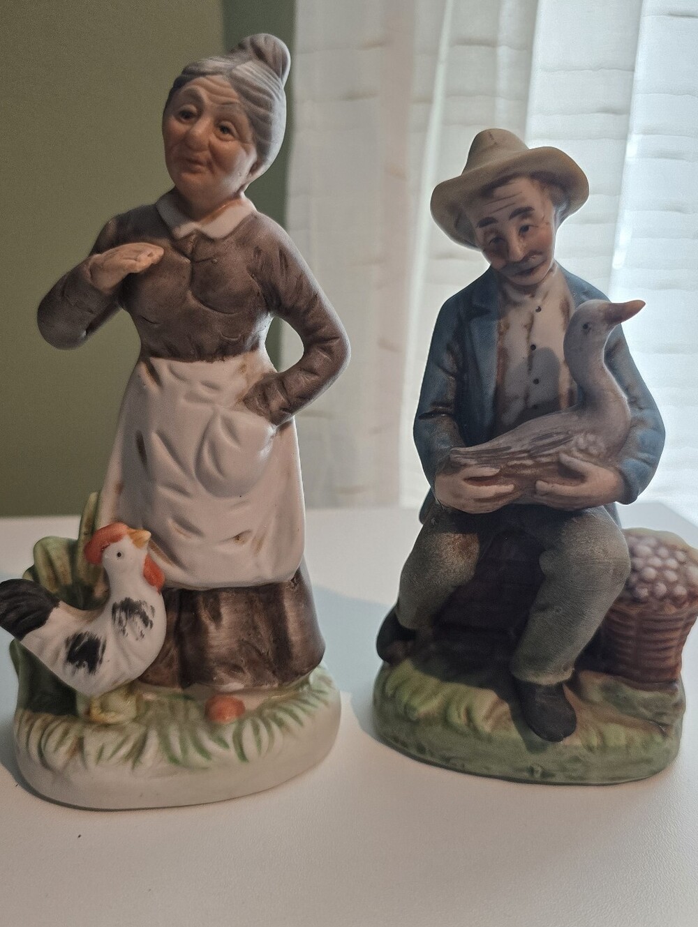 Hand-Painted Ceramic Farm Couple Figurines in Brown & Blue
